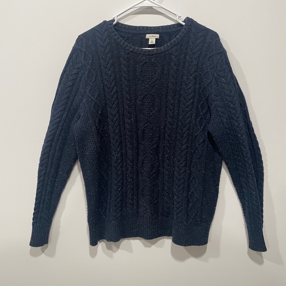 LL Bean Men's Cable Knit Sweater Navy Blue Speckled XL‎ Regular Made in Jordan